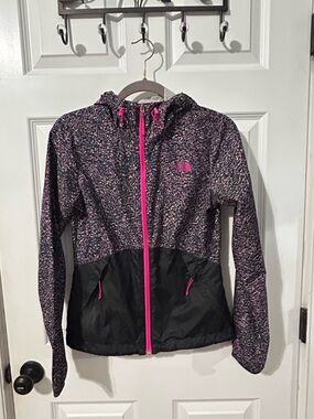 The North Face Purple Speckled Hooded Jacket with Black Panels and Pink Accents
